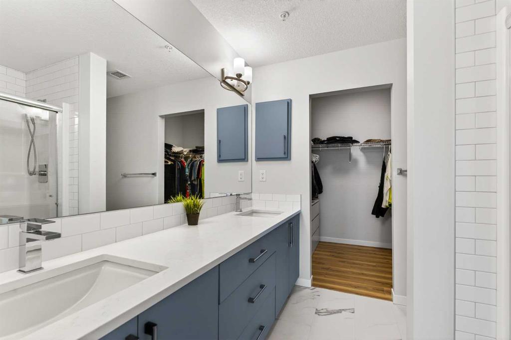 Ensuite bathroom with dual vanity, blue cabinetry, and walk-in closet